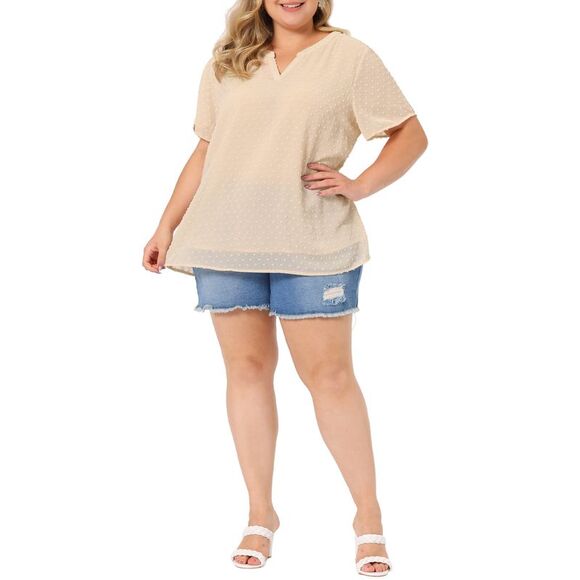 Women's Plus Size Blouses Pin Dots Round Neck Basic Top Beige - Picture 2 of 6